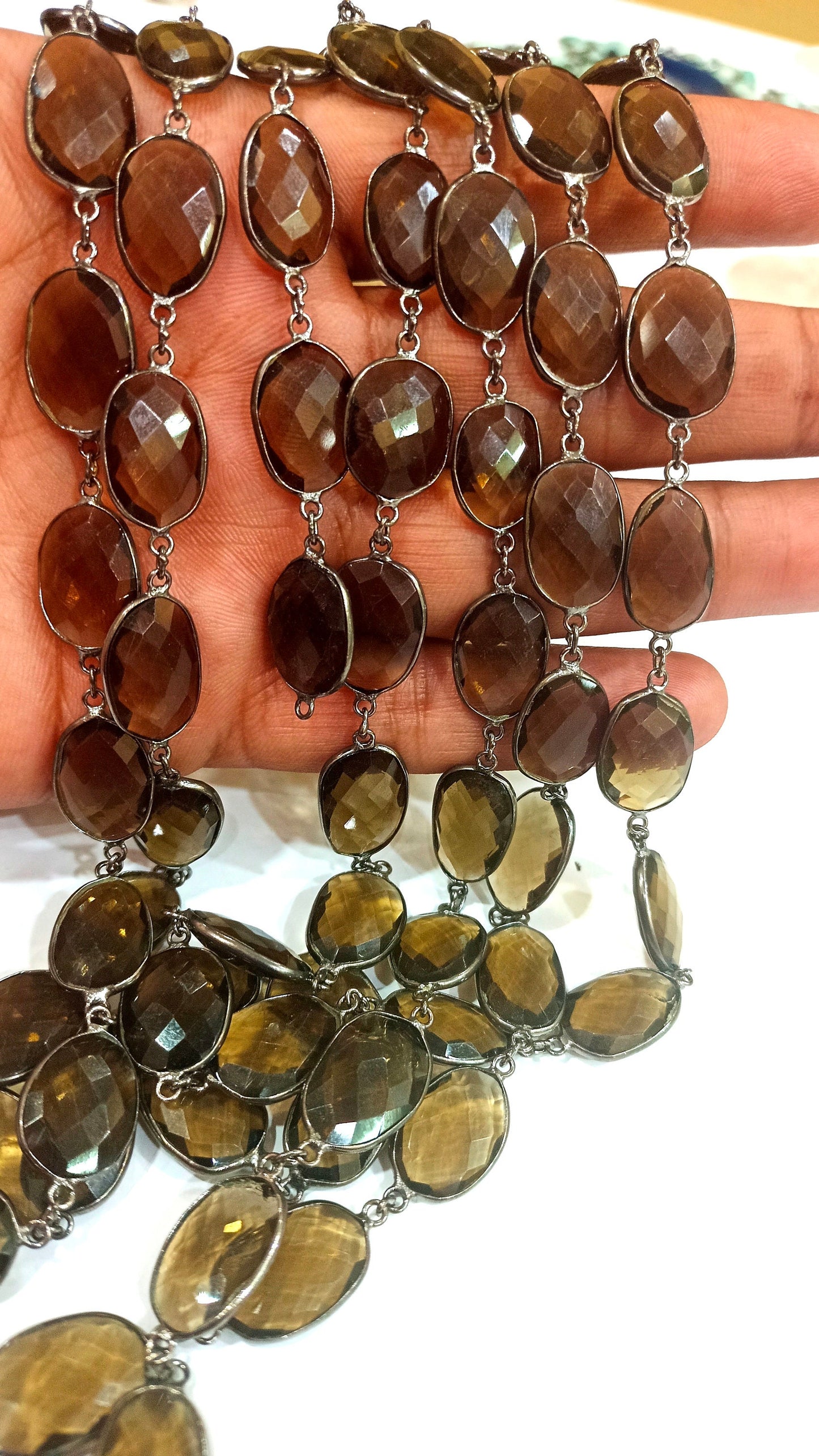 Natural Smoky Quartz Free Shape Briolette Faceted Bezal Connector Chain 12 to 15mm Sold Per Foot  jewelry making Chain