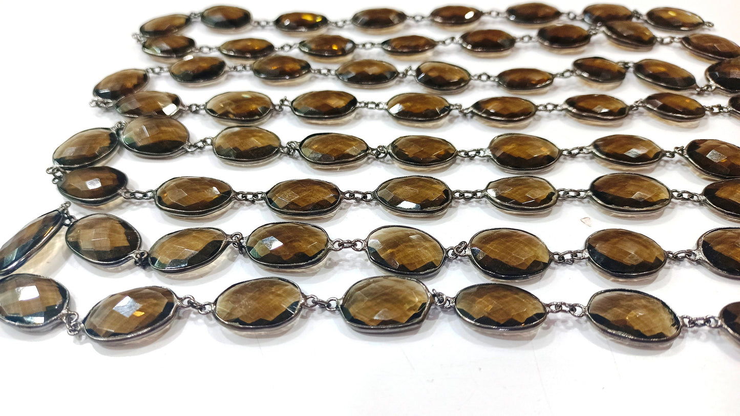 Natural Smoky Quartz Free Shape Briolette Faceted Bezal Connector Chain 12 to 15mm Sold Per Foot  jewelry making Chain