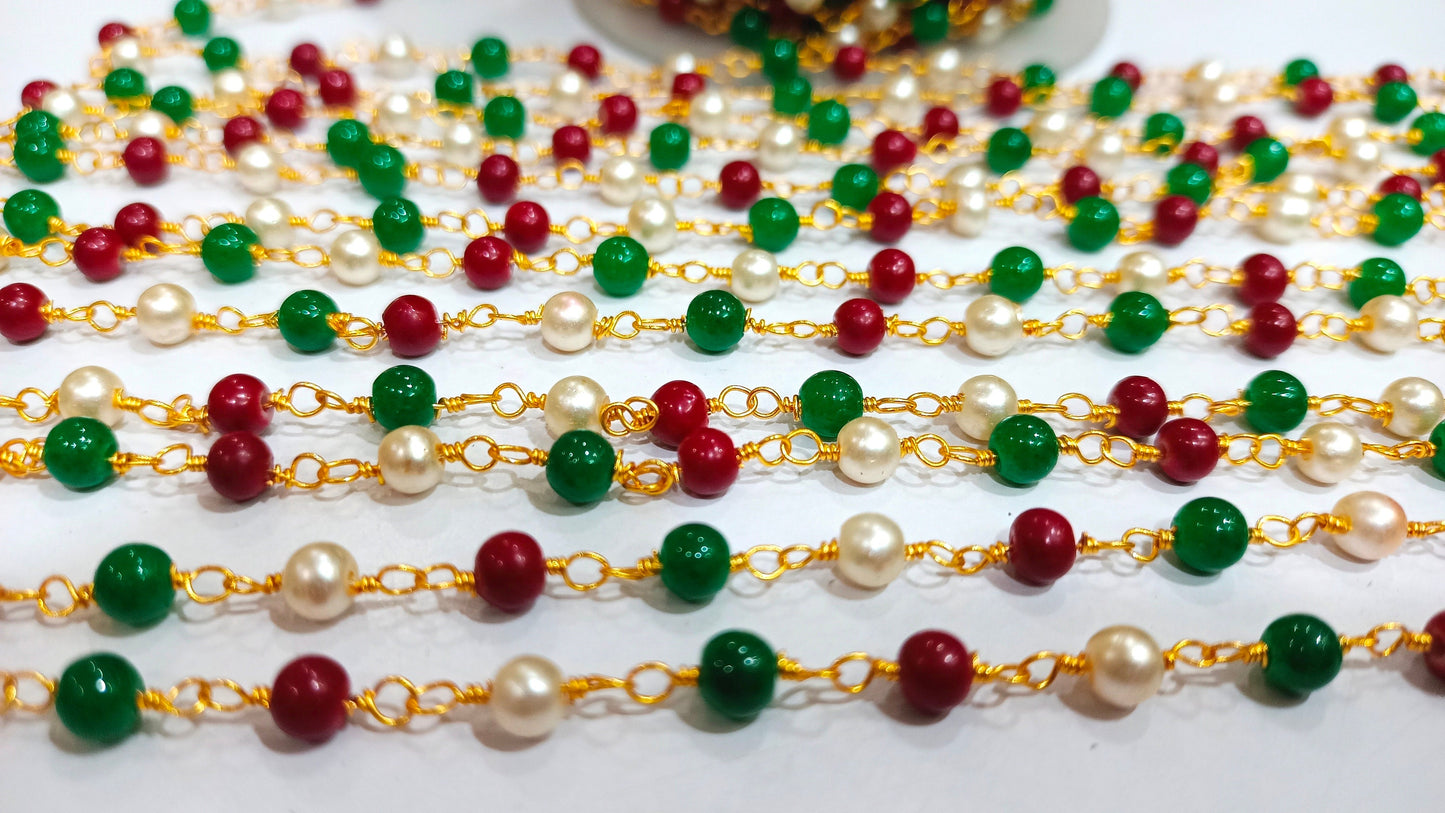 Ruby Emerald Pearl Faux Gemstone Plain Smooth Round 4.5mm Rosary Beaded Chain Sold Per foot Great Quality Chain Gold Plated