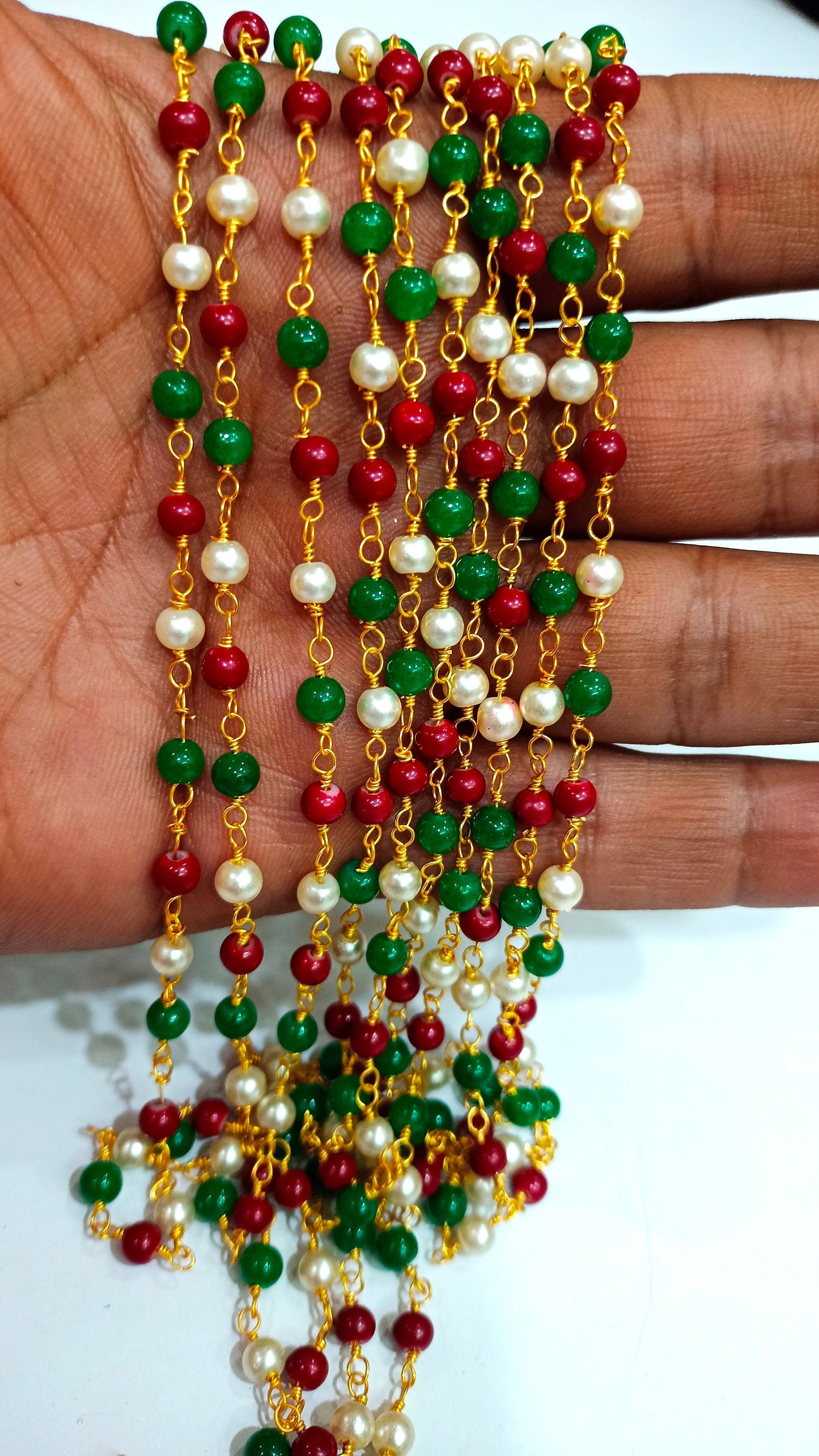 Ruby Emerald Pearl Faux Gemstone Plain Smooth Round 4.5mm Rosary Beaded Chain Sold Per foot Great Quality Chain Gold Plated