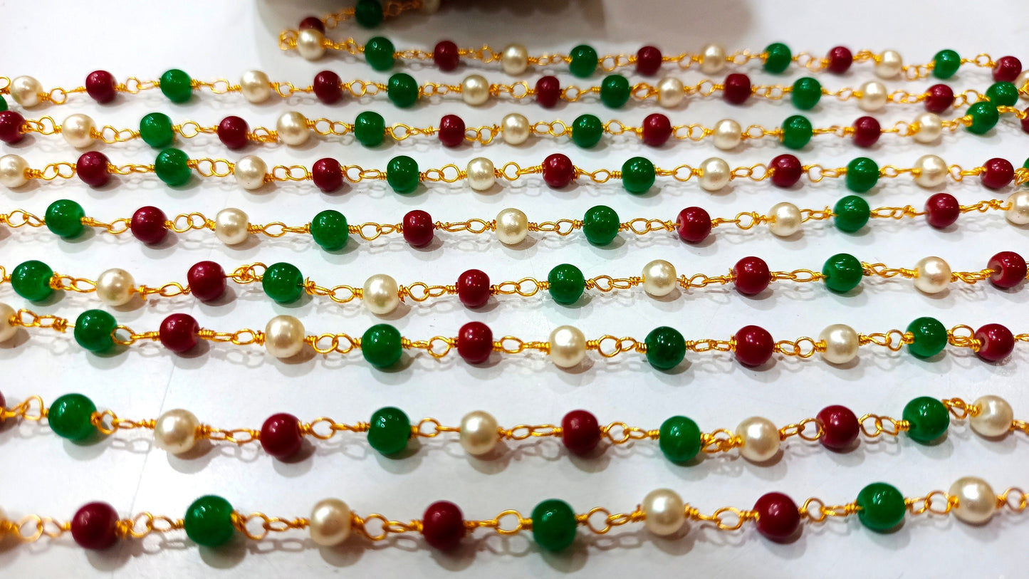 Ruby Emerald Pearl Faux Gemstone Plain Smooth Round 4.5mm Rosary Beaded Chain Sold Per foot Great Quality Chain Gold Plated