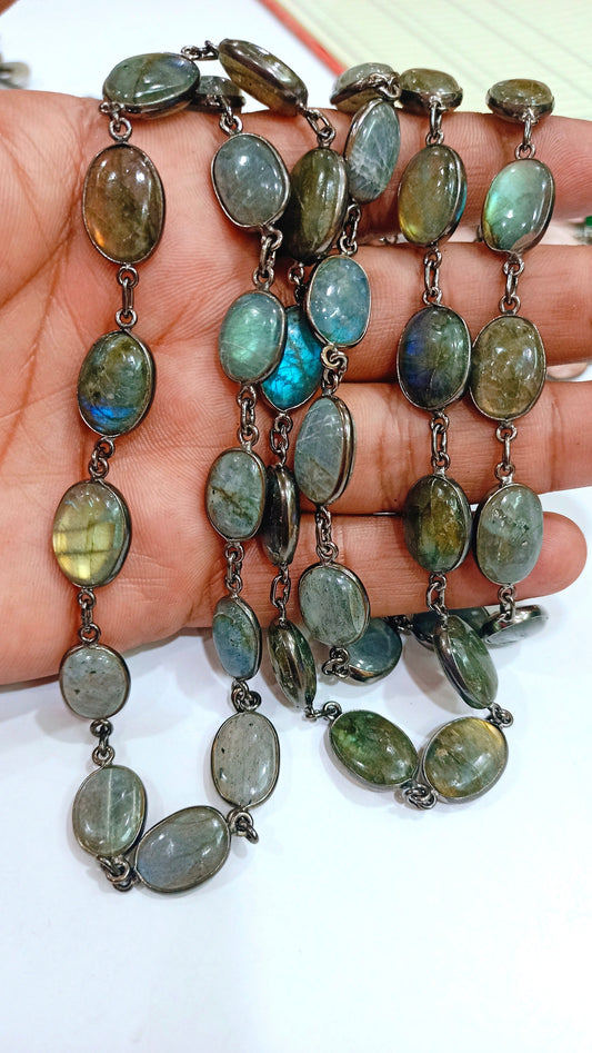 Natural Labradorite Blue Flashy Oval Shape Plain Smooth Cabochon 12x16mm Bezel Connector Necklace 40 Inches Long Black Oxidized