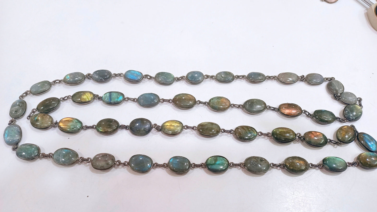 Natural Labradorite Blue Flashy Oval Shape Plain Smooth Cabochon 12x16mm Bezel Connector Necklace 40 Inches Long Black Oxidized