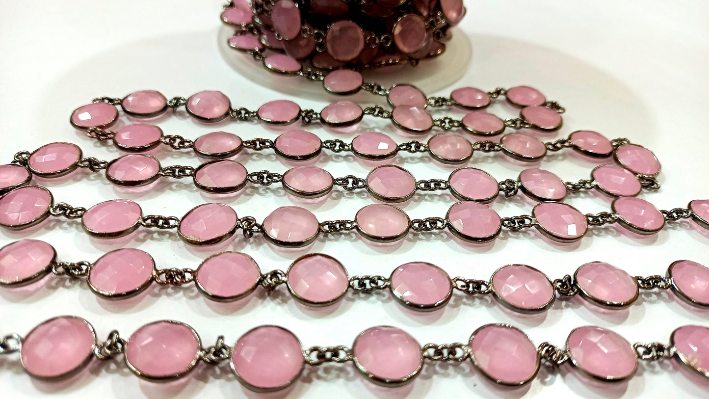 Natural Pink Chalcedony Briolette Coin Shape 12mm Bezel connector chain Sold per Foot Great Quality chain