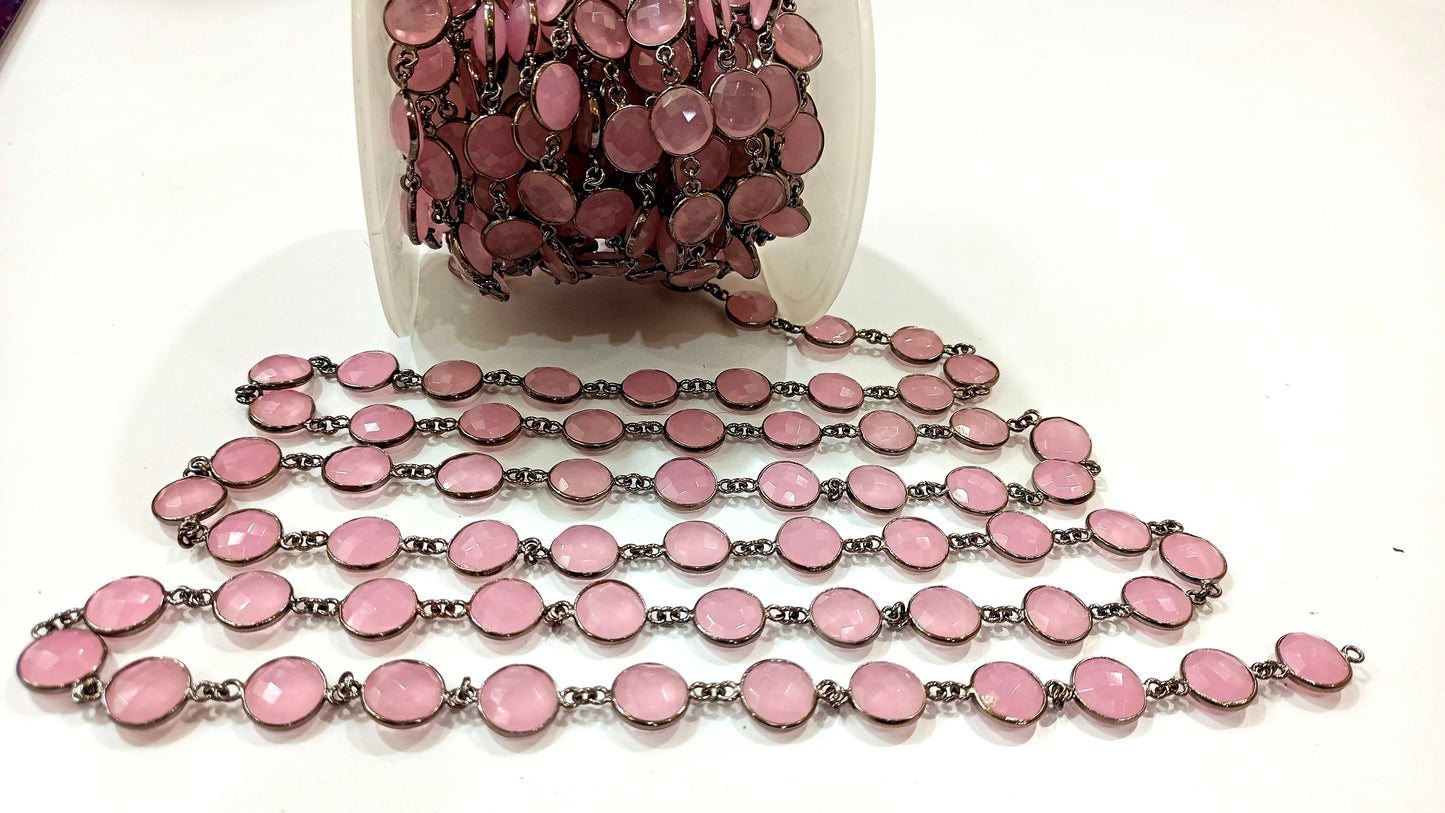 Natural Pink Chalcedony Briolette Coin Shape 12mm Bezel connector chain Sold per Foot Great Quality chain