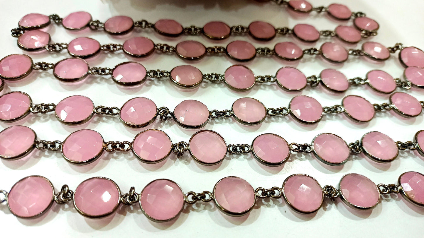 Natural Pink Chalcedony Briolette Coin Shape 12mm Bezel connector chain Sold per Foot Great Quality chain