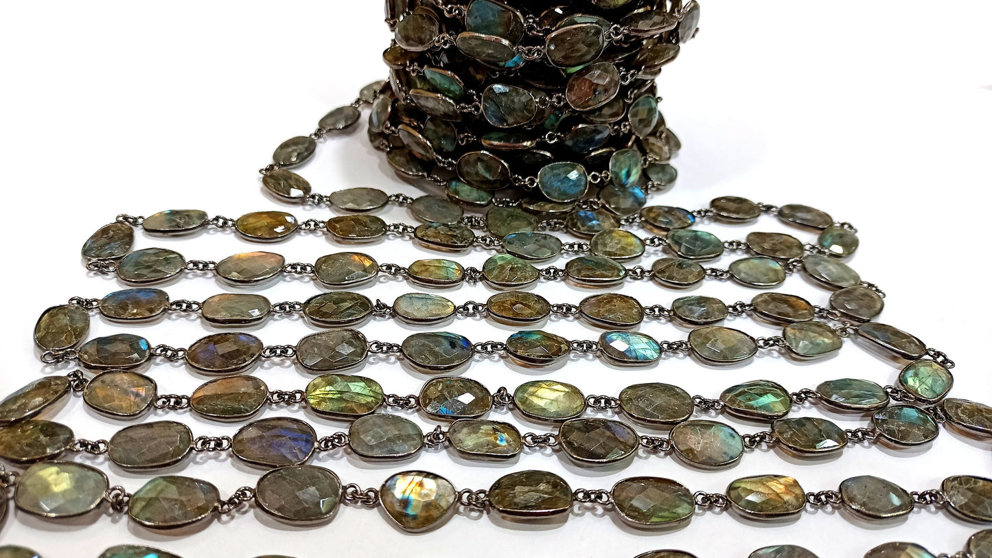 Natural Labradorite Free Shape Briolette faceted Uneven Bezel Connector Chain 12 to 15mm Sold Per Foot Wholesale price Blue Flashy Stones