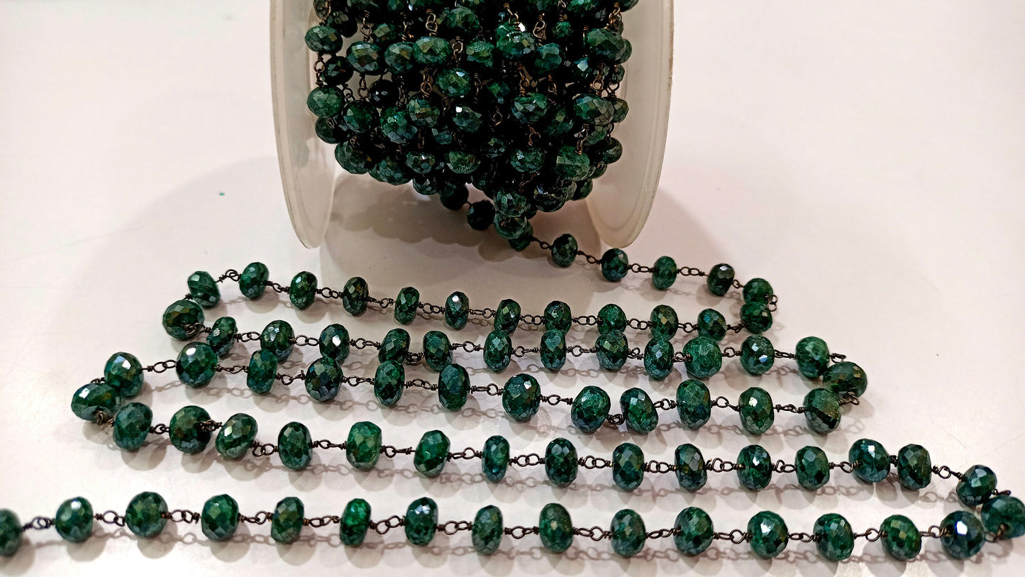 Natural Emerald Silverite Rondelle Faceted 6 to 8 mm Size Beaded Rosary Chain High Quality Jewelry Making Gun Metal Chain Wholesale Price