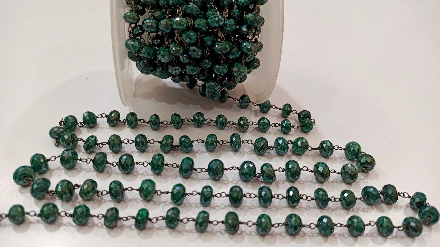 Natural Emerald Silverite Rondelle Faceted 6 to 8 mm Size Beaded Rosary Chain High Quality Jewelry Making Gun Metal Chain Wholesale Price