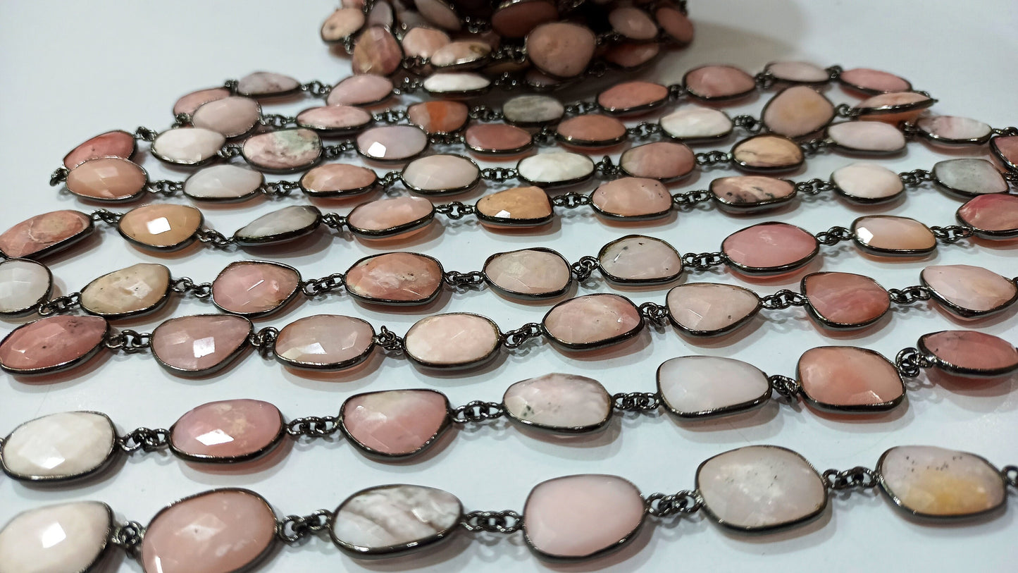Natural Pink Opal Gemstone Briolette Free shape 13 to 16mm Bezel Connector chain Sold Per Foot great Quality Chain