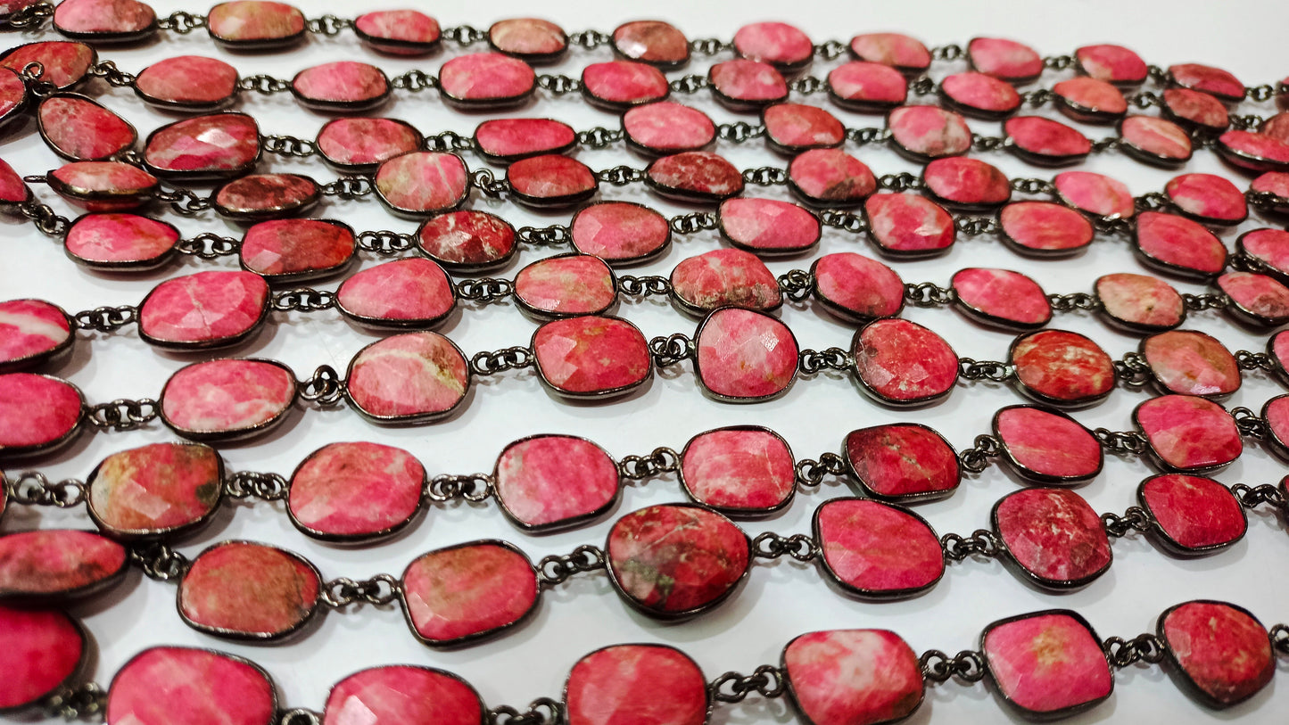 Natural Thulite Gemstone Briolette Free shape 12 to 15mm Bezel Connector chain Sold Per Foot great Quality Chain