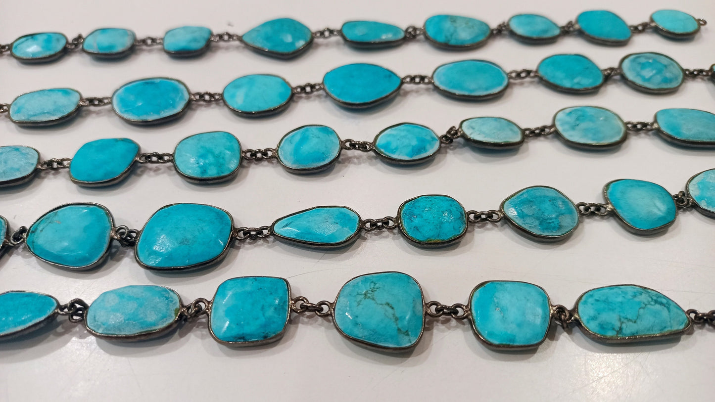 Natural Turquoise briolette Free Shape 12 to 15mm Bezel connector Chain Sold Per Foot Great Quality Black Oxidized Chain