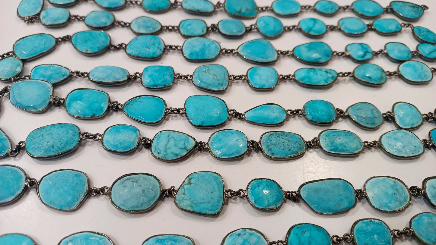 Natural Turquoise briolette Free Shape 12 to 15mm Bezel connector Chain Sold Per Foot Great Quality Black Oxidized Chain