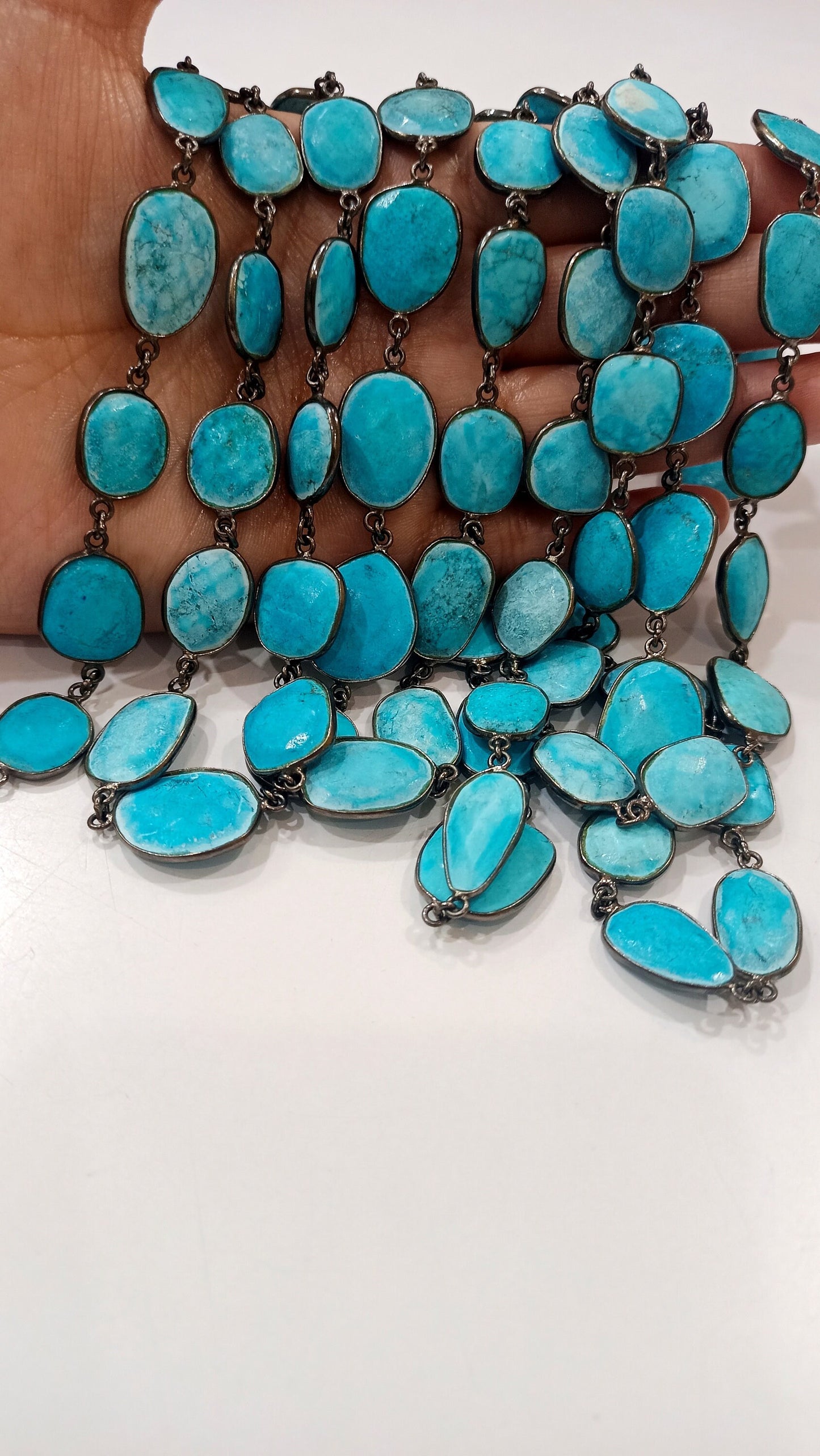 Natural Turquoise briolette Free Shape 12 to 15mm Bezel connector Chain Sold Per Foot Great Quality Black Oxidized Chain
