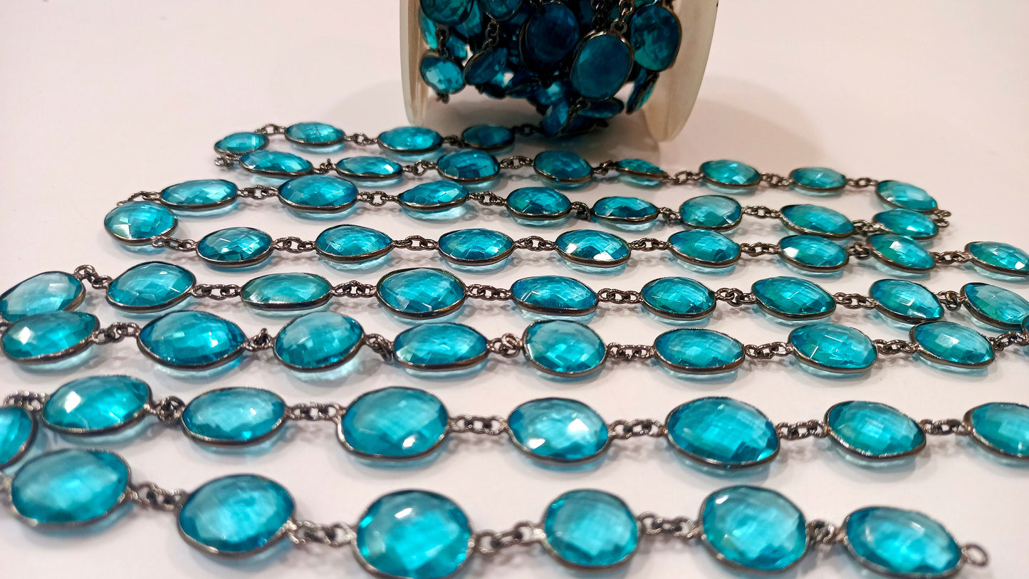 Sky Blue Topaz Quartz Free Shape 12 to 15 mm bezel connector Chain Sold Per Foot Black Oxidized Great Quality Chain