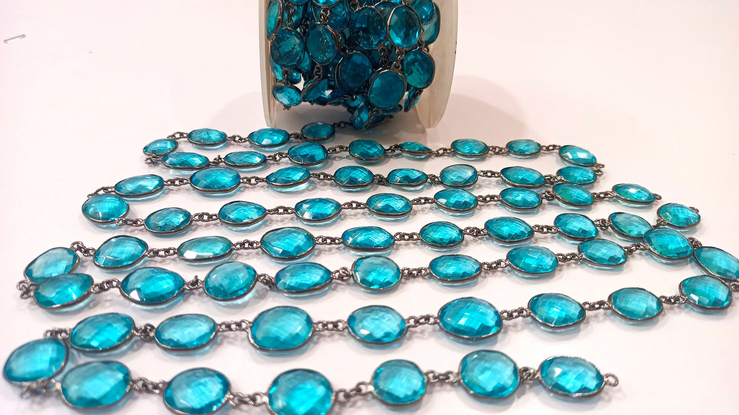Sky Blue Topaz Quartz Free Shape 12 to 15 mm bezel connector Chain Sold Per Foot Black Oxidized Great Quality Chain