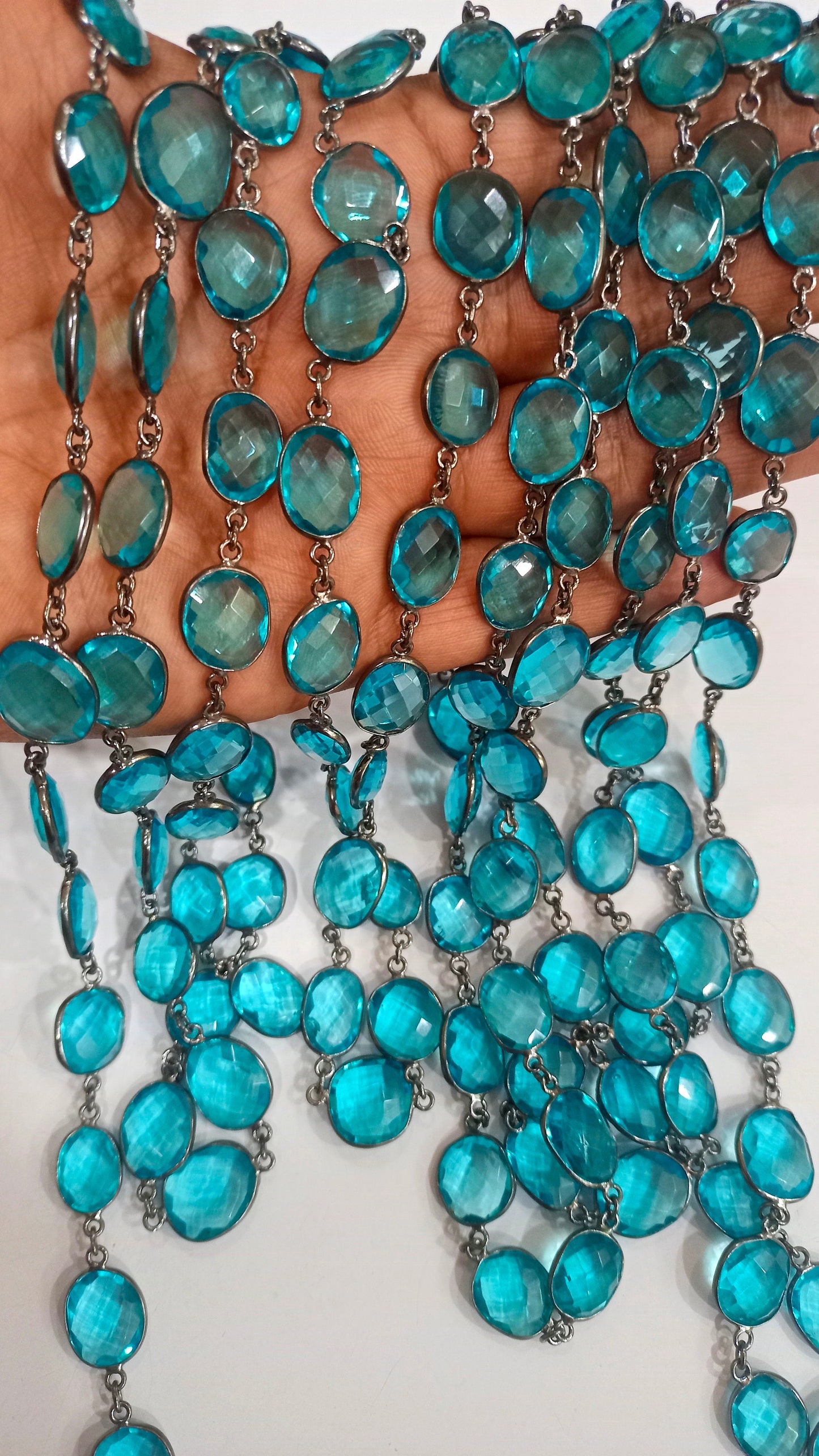 Sky Blue Topaz Quartz Free Shape 12 to 15 mm bezel connector Chain Sold Per Foot Black Oxidized Great Quality Chain