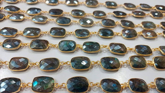Natural Labradorite Mystic Coated Cushion Shape Briolette 14x18mm Bezel Connector Chain Sold Per Foot Great Quality Chain