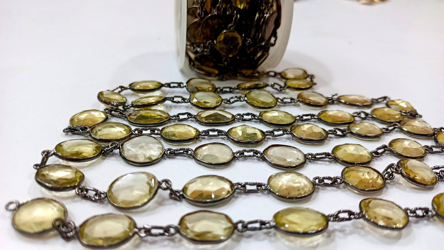 Natural Lemon Quartz Free Shape Briolette 10 to 15mm Bezel Connector Chain Sold Per Foot Black Plated  Great Quality Chain.