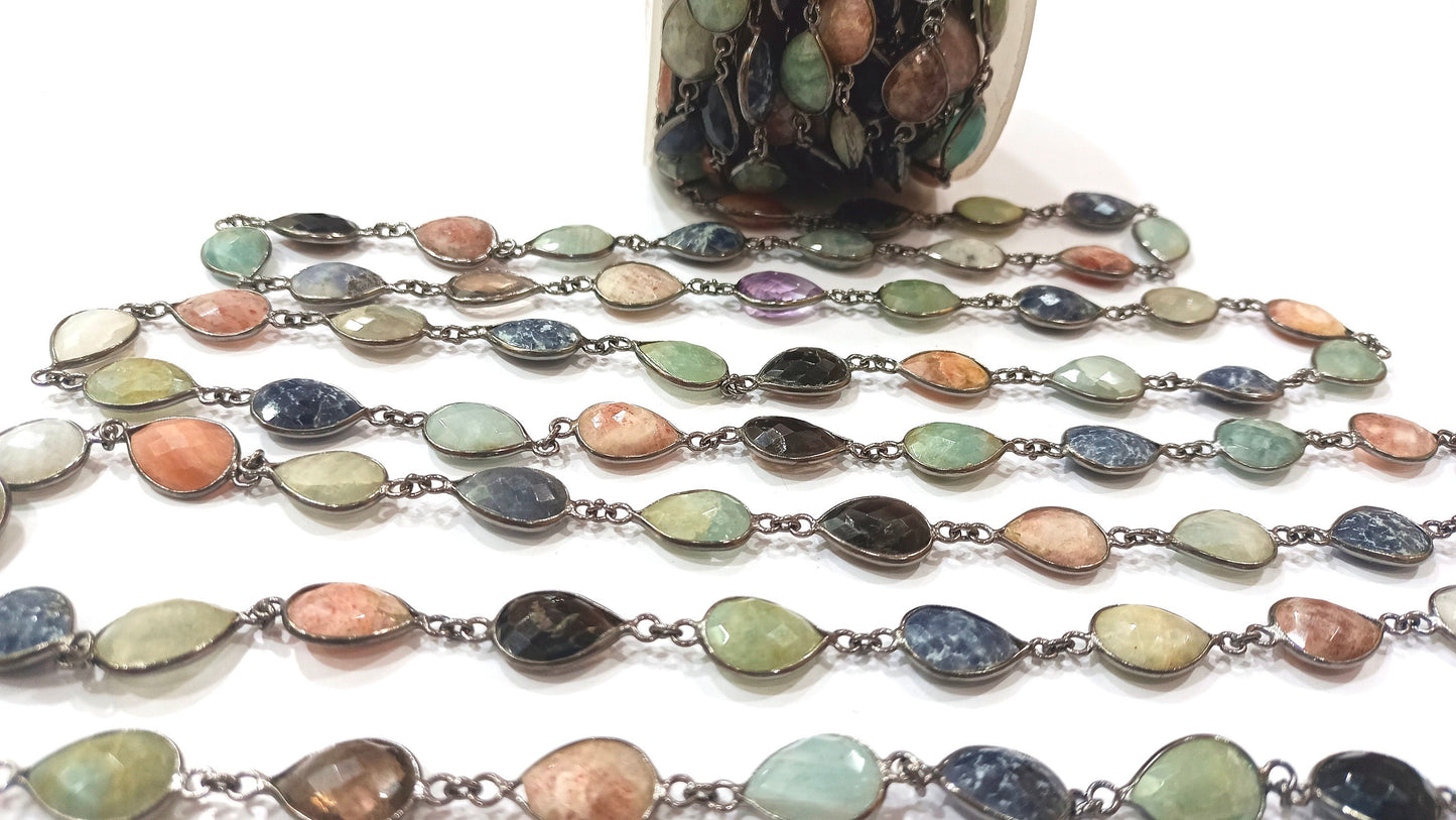 Natural Multi Gemstone Pear Shape  Briolette 10 to 15mm Bezel Connector Chain Sold Per Foot Great Quality Black Plated Chain