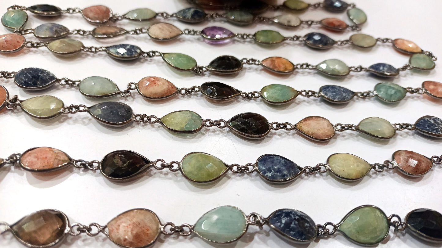 Natural Multi Gemstone Pear Shape  Briolette 10 to 15mm Bezel Connector Chain Sold Per Foot Great Quality Black Plated Chain