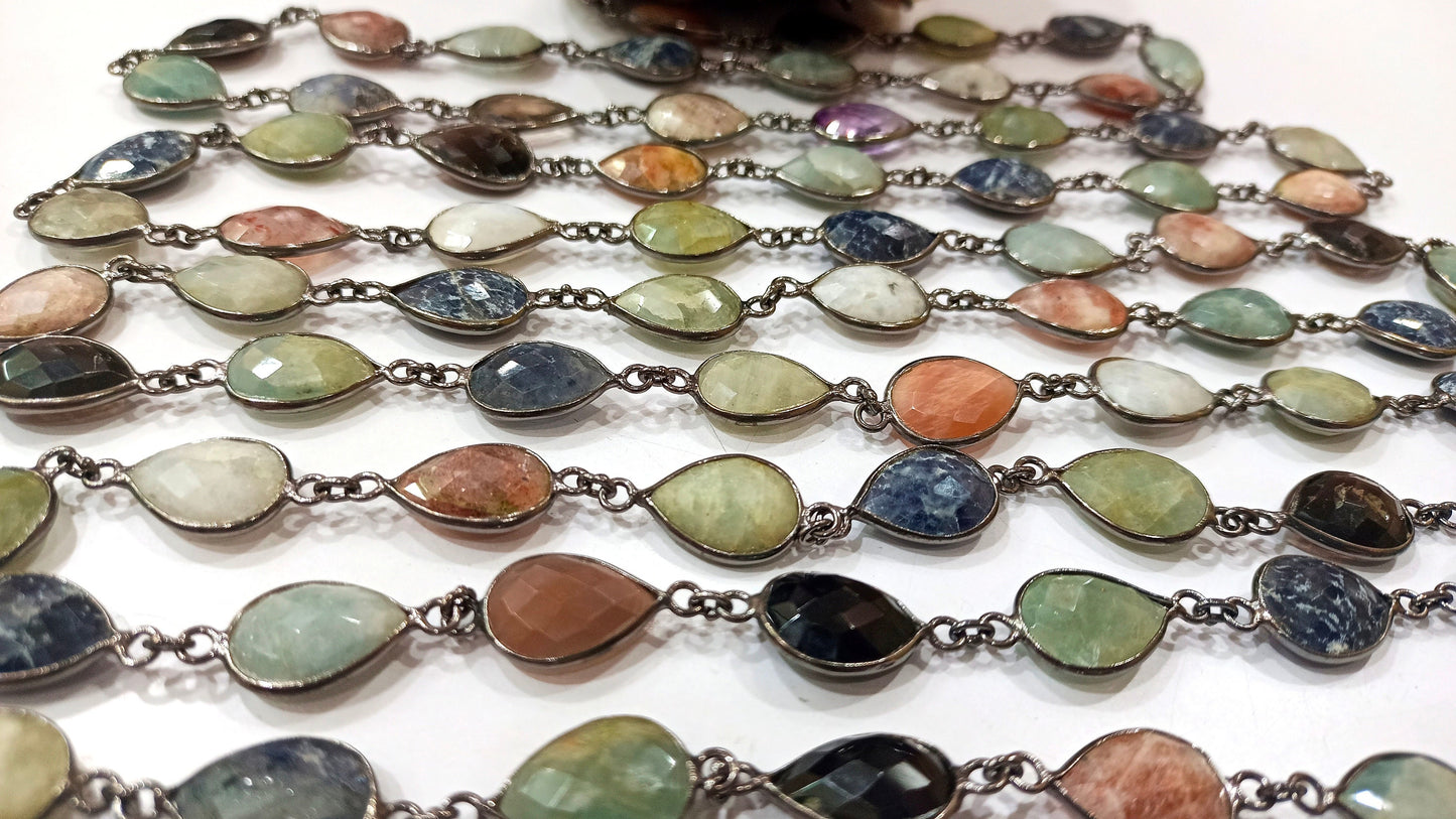 Natural Multi Gemstone Pear Shape  Briolette 10 to 15mm Bezel Connector Chain Sold Per Foot Great Quality Black Plated Chain