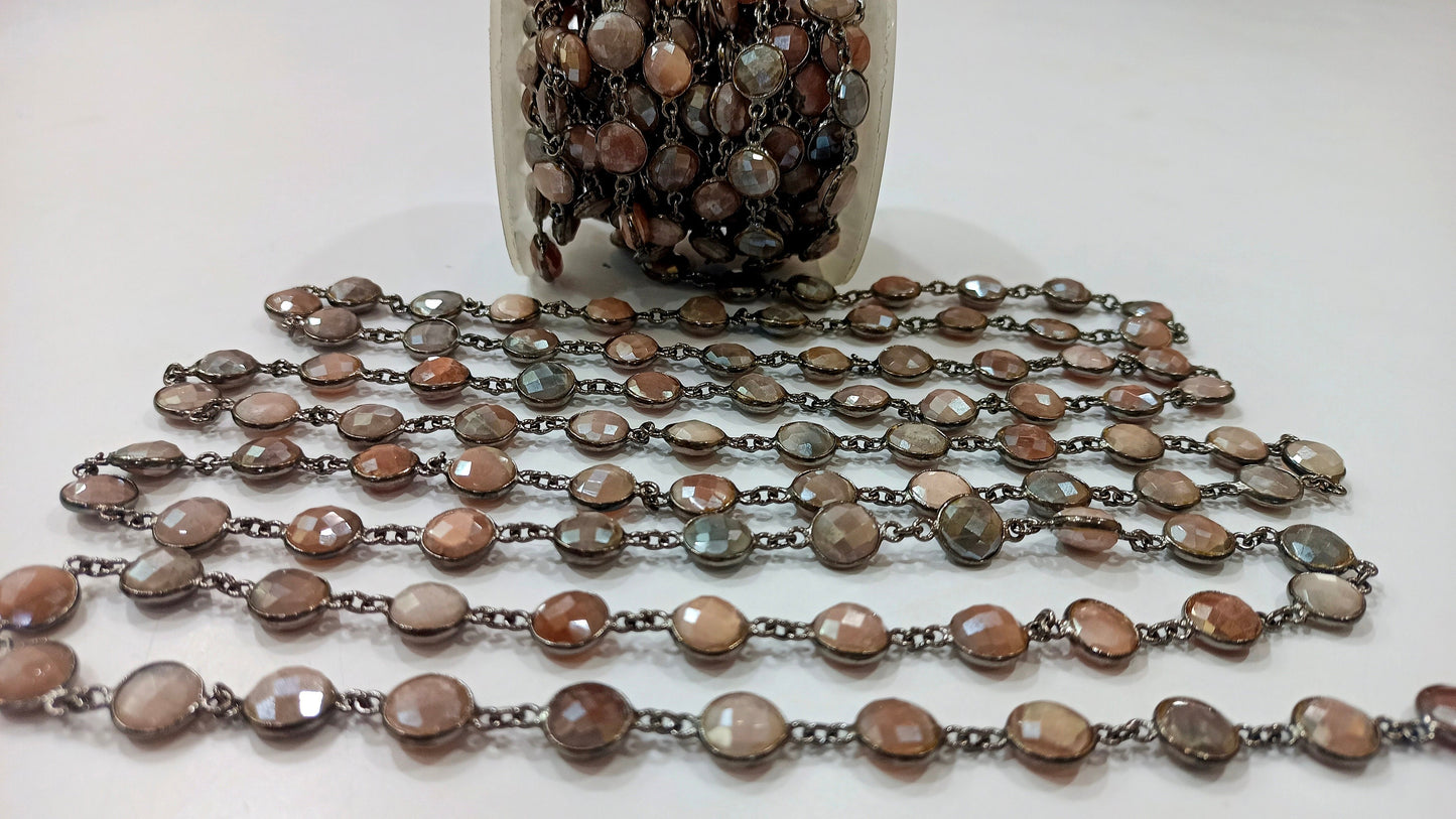 Natural Multi Moonstone Mystic Coated Coin Shape Briolette  12mm Bezel Connector Chain Sold Per Foot  Great Quality Black Plated Chain