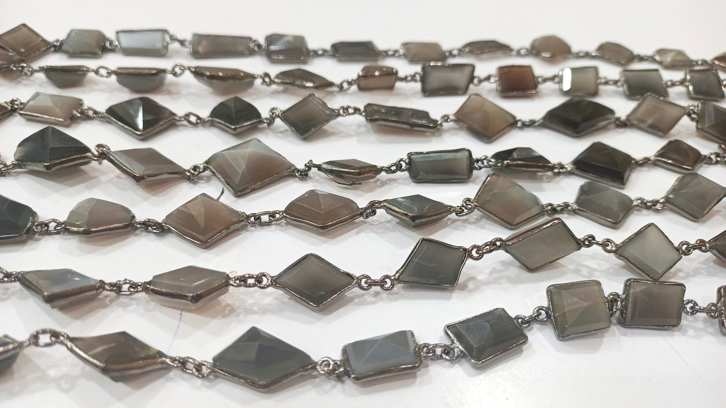 Natural Grey Moonstone Free Nugget Shape Laser Cut 12 to 15 mm Connector Link Chain Sold Per Foot High Quality Black plated chain