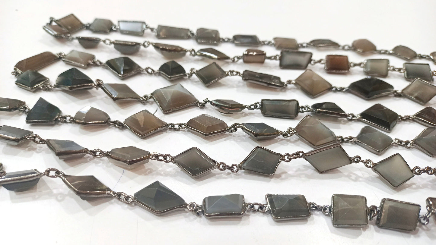Natural Grey Moonstone Free Nugget Shape Laser Cut 12 to 15 mm Connector Link Chain Sold Per Foot High Quality Black plated chain