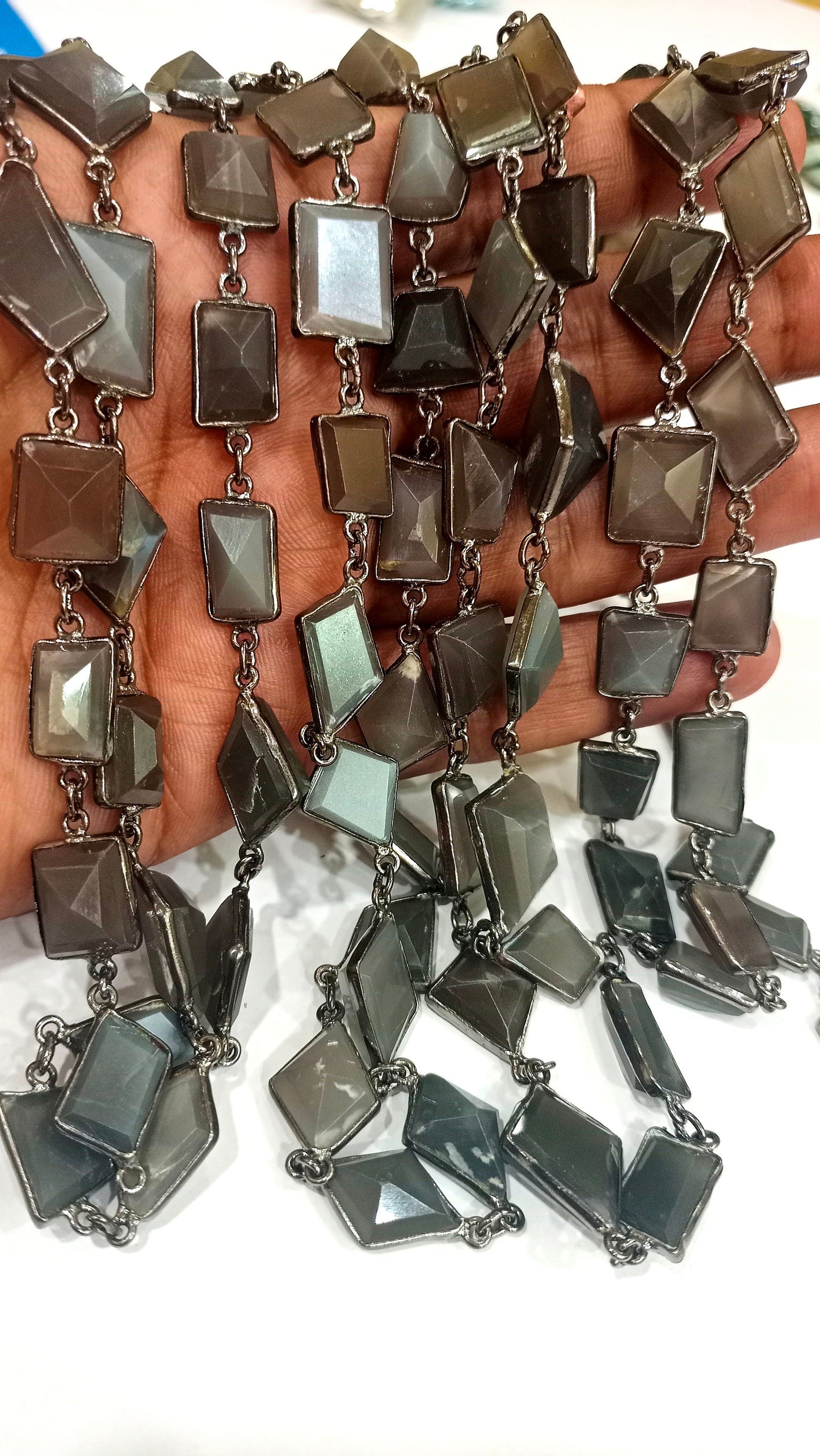 Natural Grey Moonstone Free Nugget Shape Laser Cut 12 to 15 mm Connector Link Chain Sold Per Foot High Quality Black plated chain