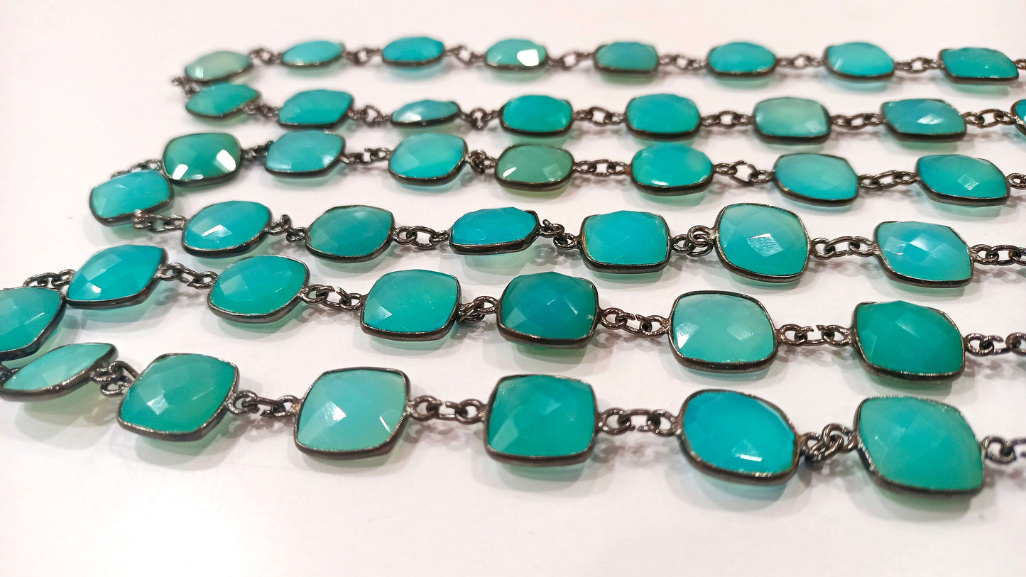Natural Aqua Blue Chalcedony Cushion Shape 12 to 13mm Gemstone Bezel Connector Chain Sold Per Foot Great Quality Black plated Chain