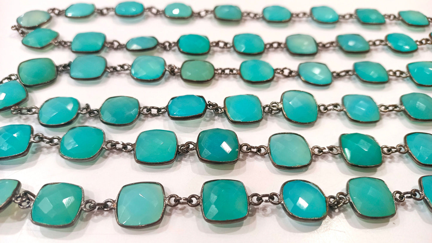 Natural Aqua Blue Chalcedony Cushion Shape 12 to 13mm Gemstone Bezel Connector Chain Sold Per Foot Great Quality Black plated Chain