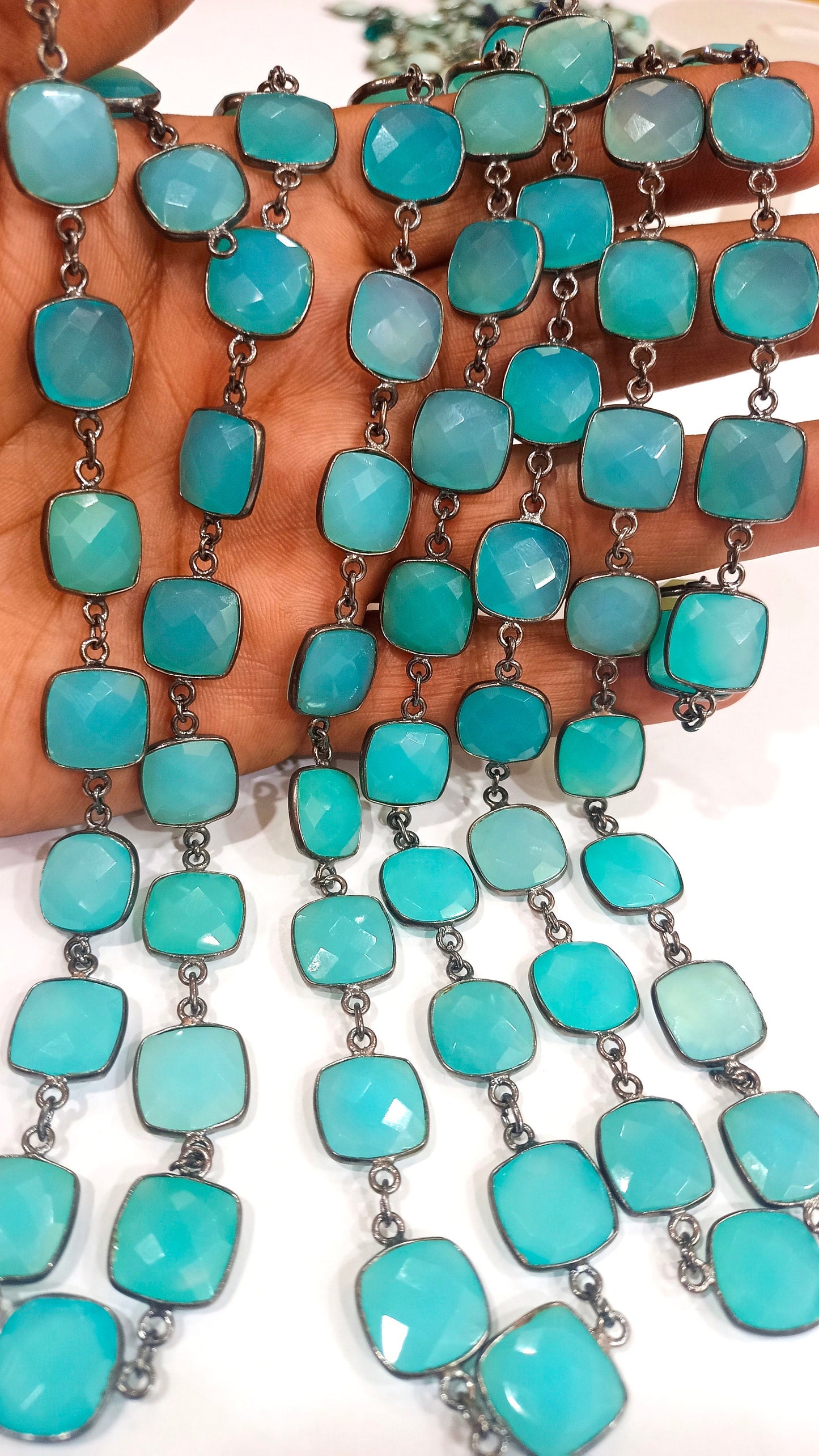 Natural Aqua Blue Chalcedony Cushion Shape 12 to 13mm Gemstone Bezel Connector Chain Sold Per Foot Great Quality Black plated Chain