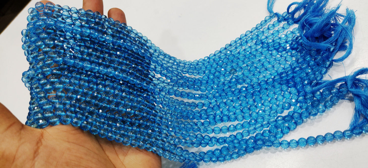Natural Topaz Swiss Blue color Round Ball Shape Faceted 6mm Beads Sold Per Strand 13 Inches Long Best Quality Beads