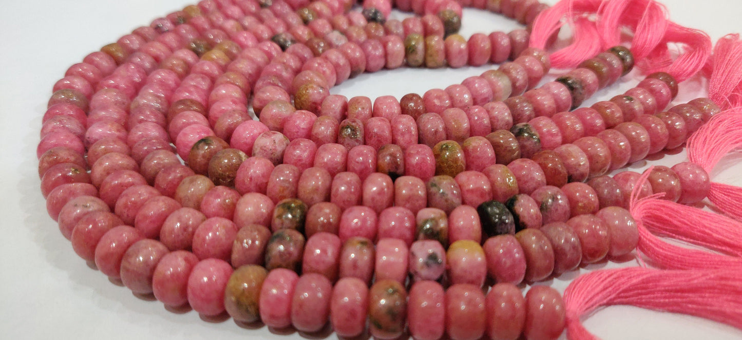 Natural Rhodonite Gemstone Rondelle Plain smooth 8mm Beads Sold per strand 8 inches long Pink stone Untreated beads