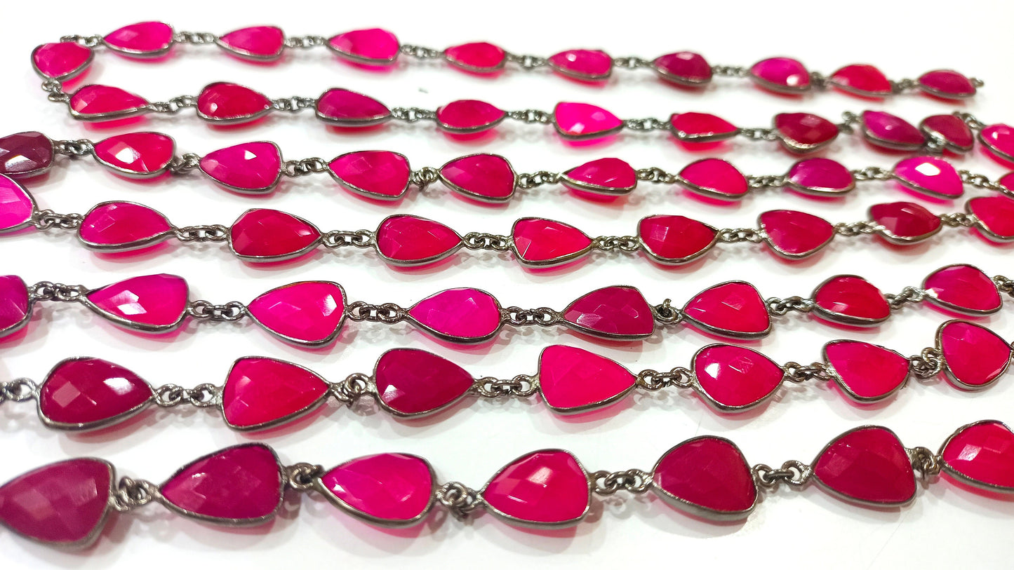 Natural Hot Pink Chalcedony Trillion Cut Triangle Shape Briolette Faceted Bezel Connector Chain 10x13mm Gold Plated Sold Per Foot