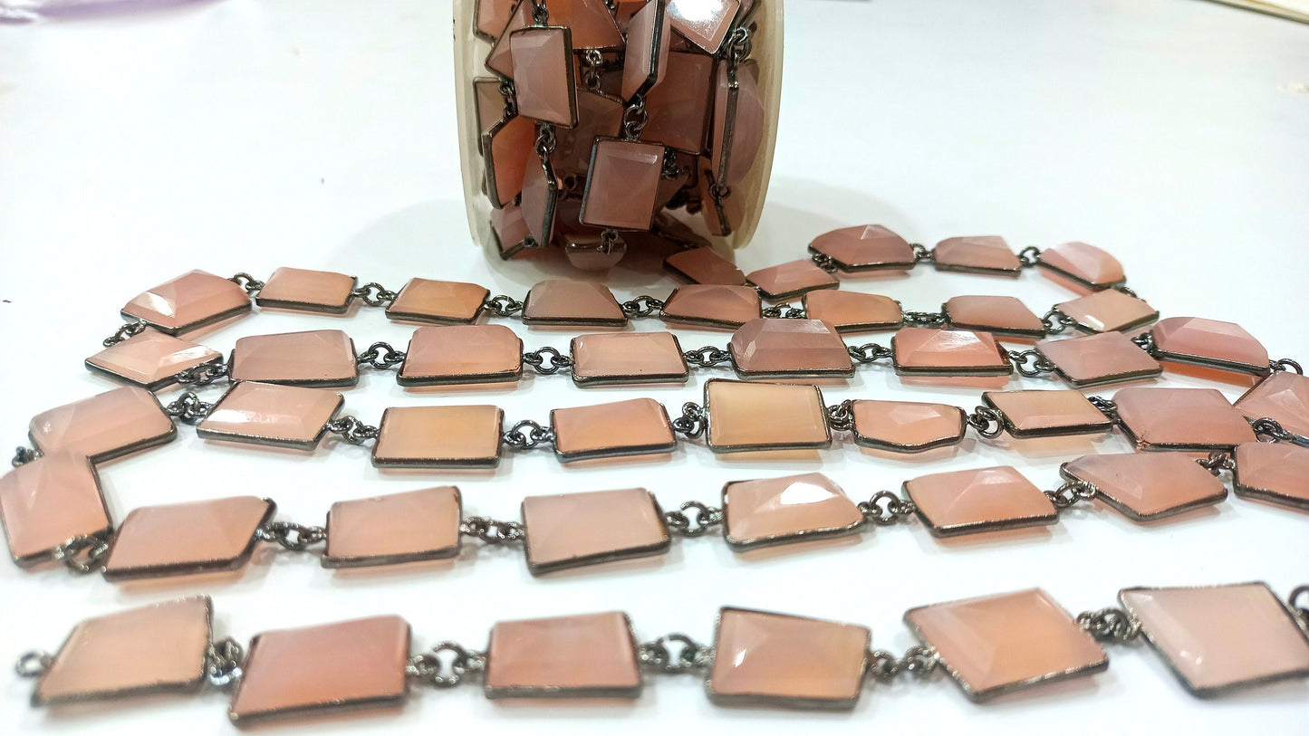 Natural pink Chalcedony 17 to 20mm Free Shape Nugget Tumbled Briolette Faceted Bezel Connector Chain Sold Per Foot Black Plated Chain.