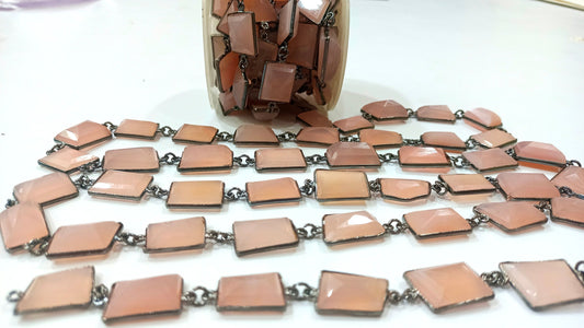 Natural pink Chalcedony 17 to 20mm Free Shape Nugget Tumbled Briolette Faceted Bezel Connector Chain Sold Per Foot Black Plated Chain.