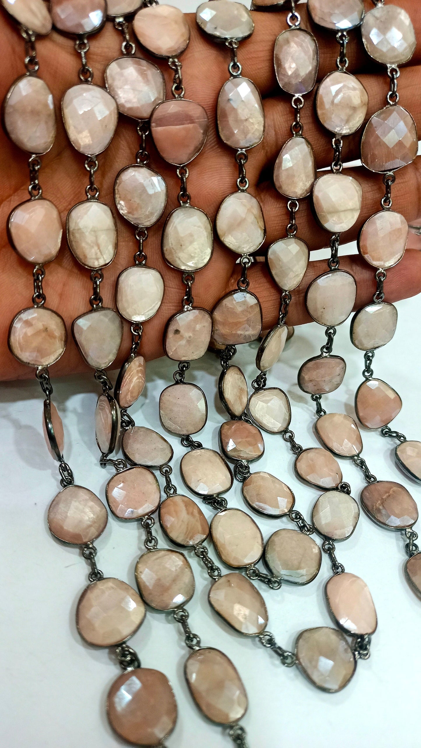 Natural Peach Moonstone Free Shape Briolette Mystic Coated 12 to 15mm Bezel Connector Chain Sold Per Foot
