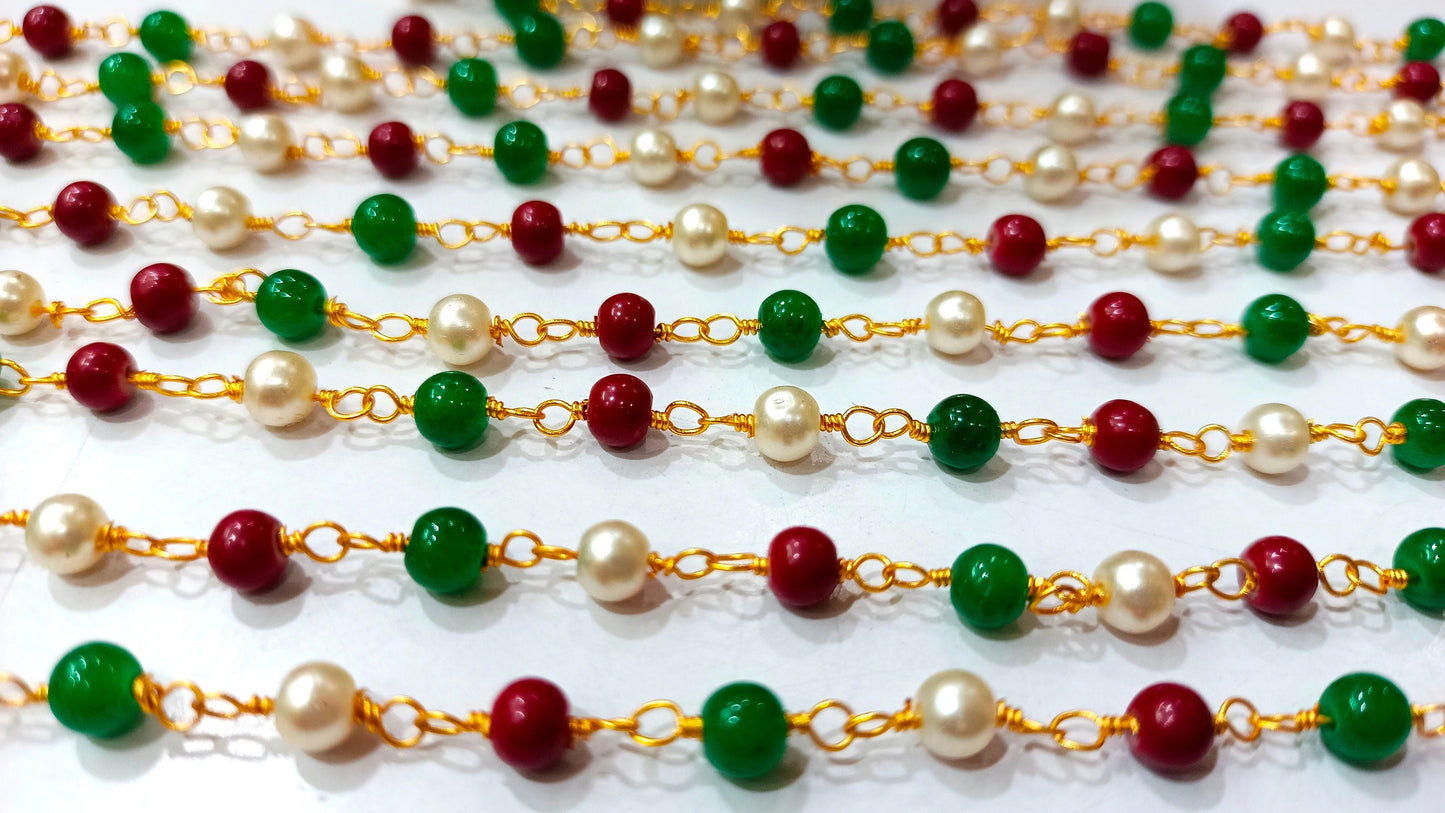 Ruby Emerald Pearl Faux Gemstone Plain Smooth Round 4.5mm Rosary Beaded Chain Sold Per foot Great Quality Chain Gold Plated