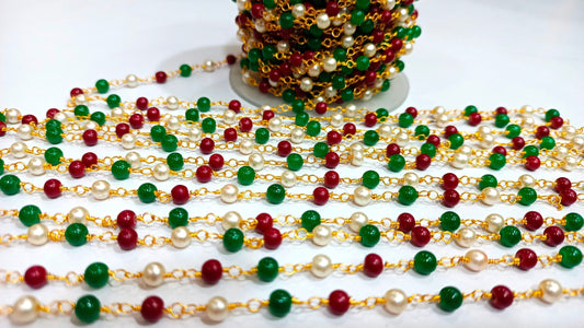 Ruby Emerald Pearl Faux Gemstone Plain Smooth Round 4.5mm Rosary Beaded Chain Sold Per foot Great Quality Chain Gold Plated