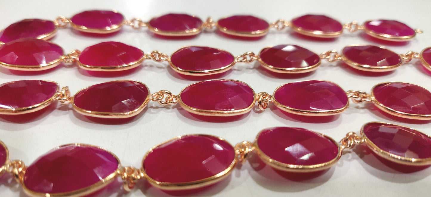 Natural Hot Pink Chalcedony Free Shape Briolette Faceted Bezel Connector Chain 15x20mm Sold Per Foot High Quality Wholesale