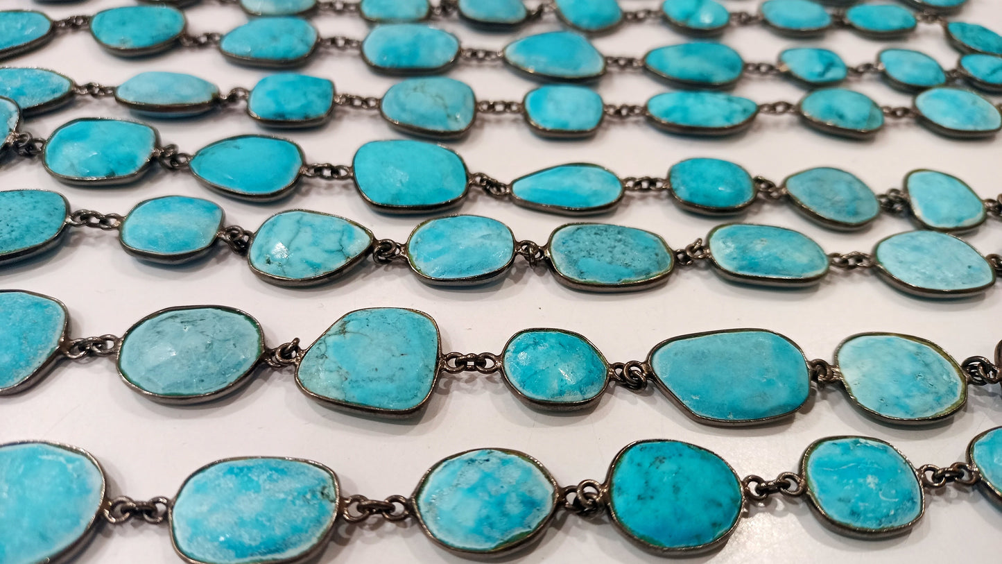 Natural Turquoise briolette Free Shape 12 to 15mm Bezel connector Chain Sold Per Foot Great Quality Black Oxidized Chain