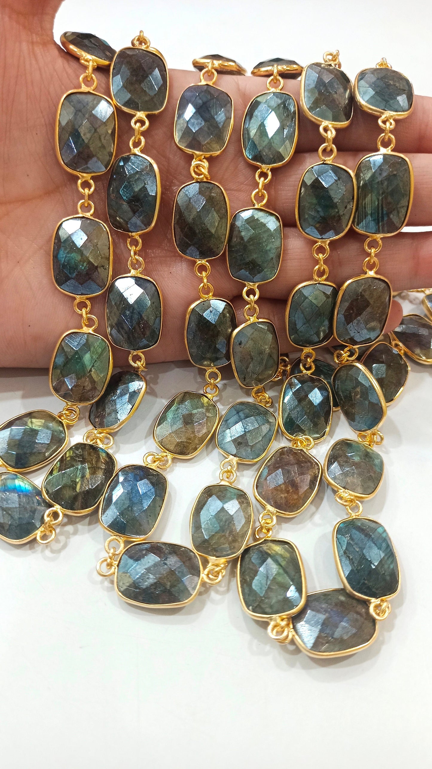 Natural Labradorite Mystic Coated Cushion Shape Briolette 14x18mm Bezel Connector Chain Sold Per Foot Great Quality Chain