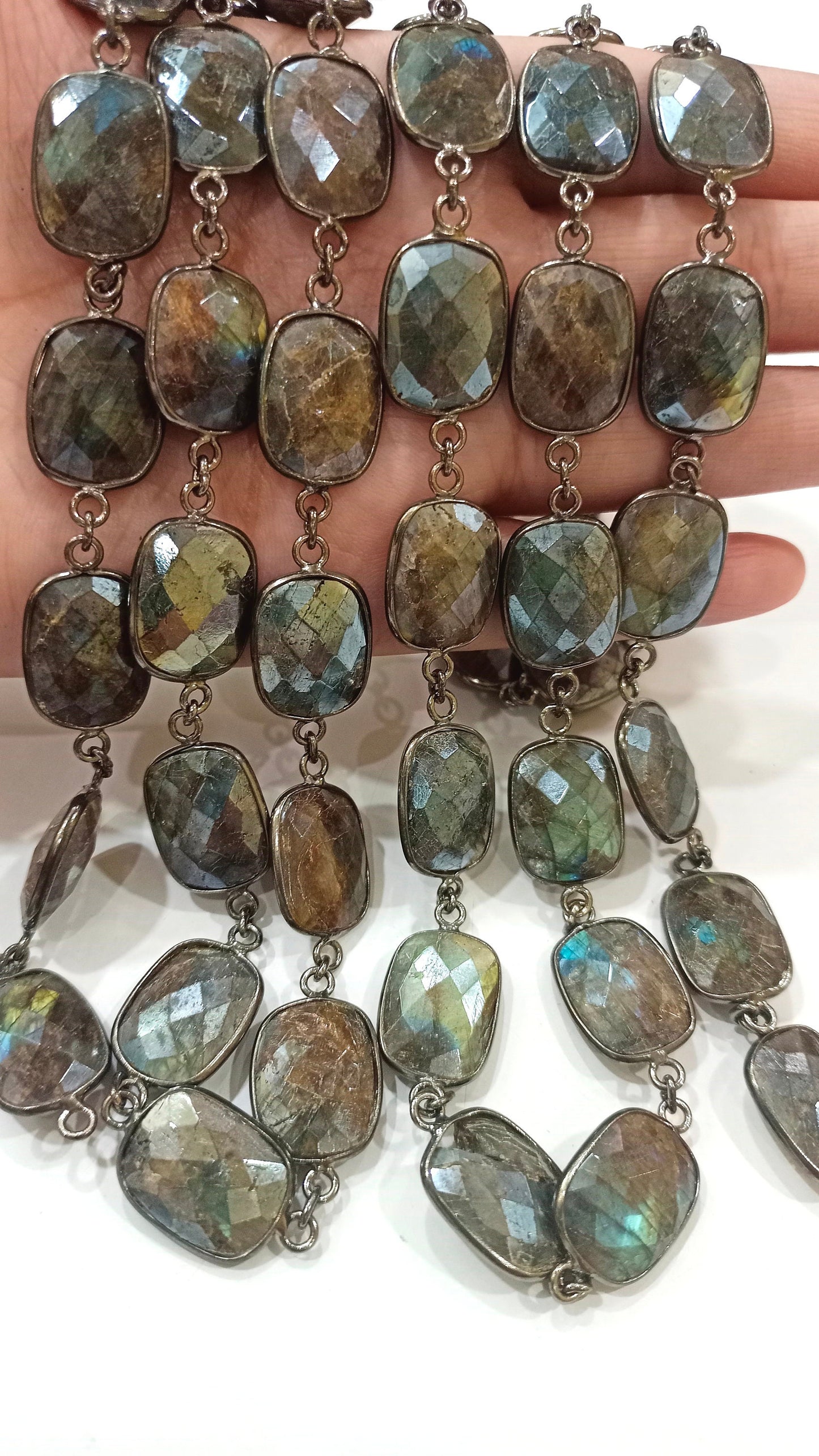 Natural Labradorite Mystic Coated Cushion Shape Briolette 14x18mm Bezel Connector Chain Sold Per Foot Great Quality Chain