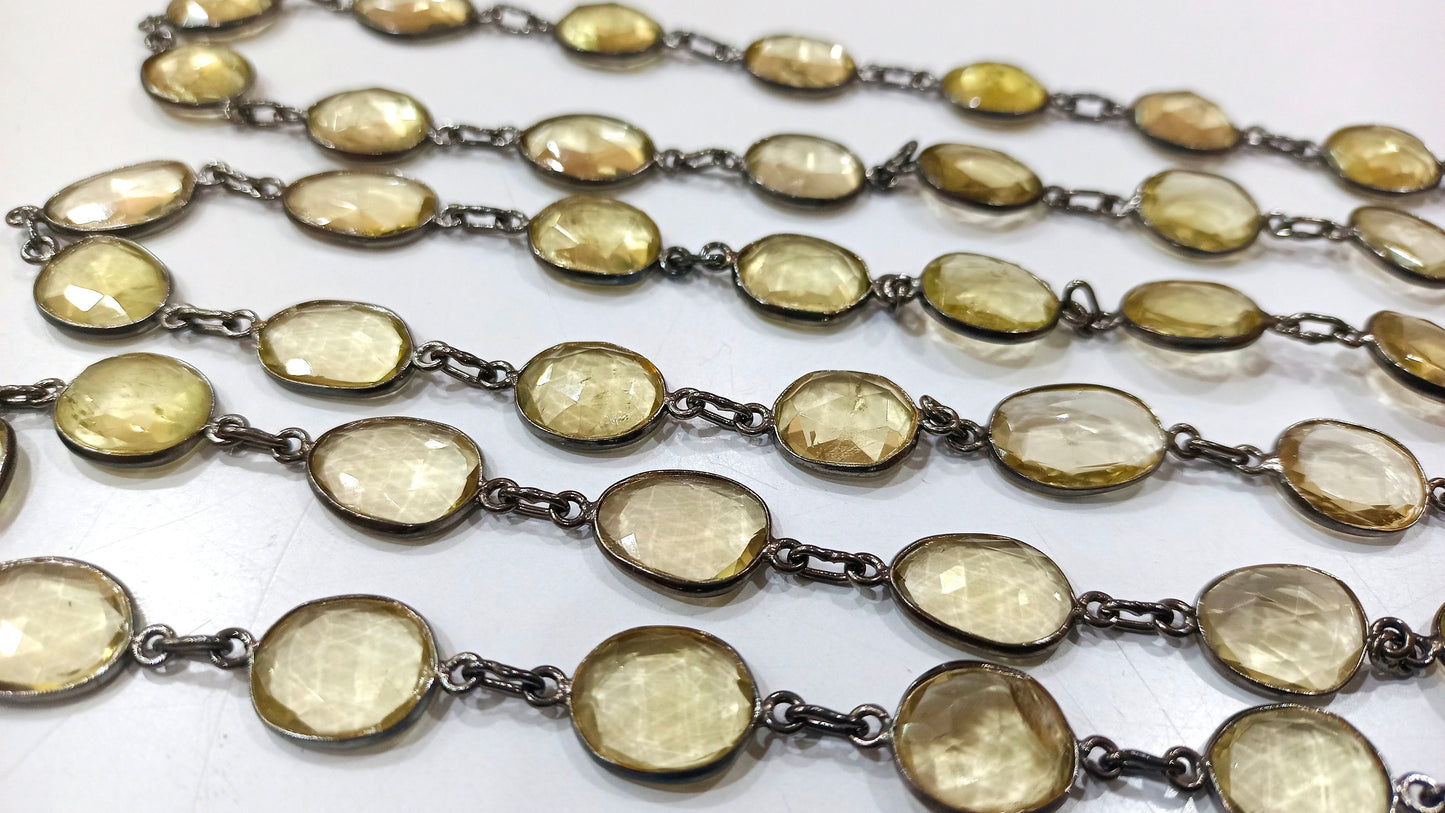 Natural Lemon Quartz Free Shape Briolette 10 to 15mm Bezel Connector Chain Sold Per Foot Black Plated  Great Quality Chain.