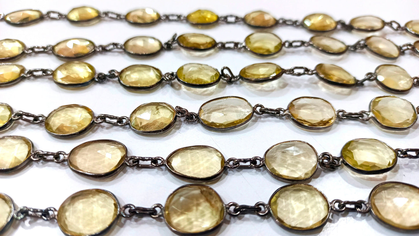 Natural Lemon Quartz Free Shape Briolette 10 to 15mm Bezel Connector Chain Sold Per Foot Black Plated  Great Quality Chain.