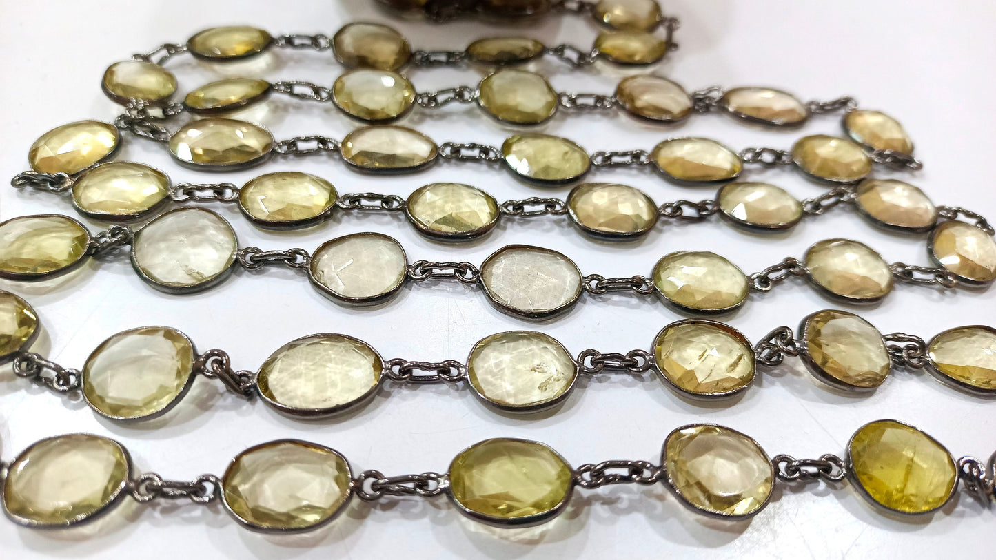 Natural Lemon Quartz Free Shape Briolette 10 to 15mm Bezel Connector Chain Sold Per Foot Black Plated  Great Quality Chain.