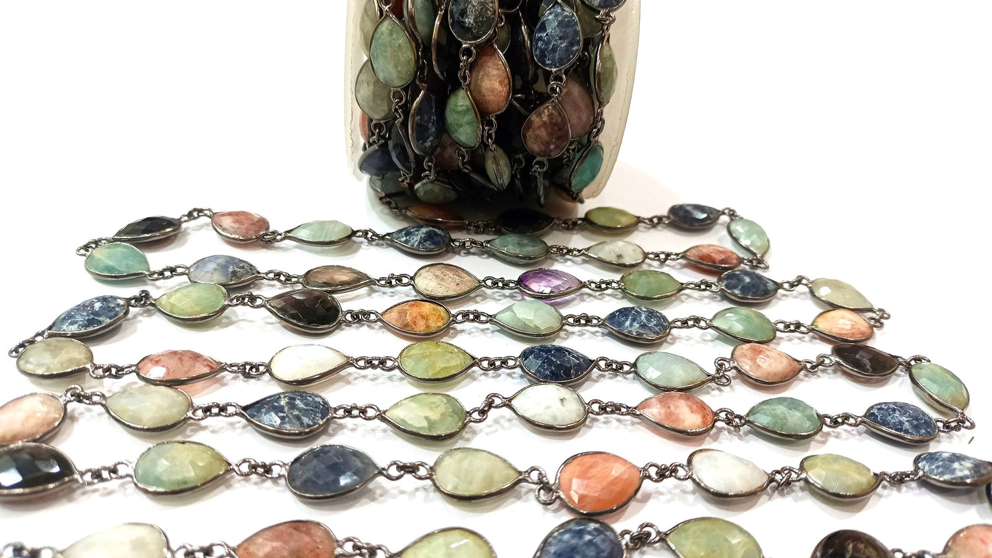 Natural Multi Gemstone Pear Shape  Briolette 10 to 15mm Bezel Connector Chain Sold Per Foot Great Quality Black Plated Chain