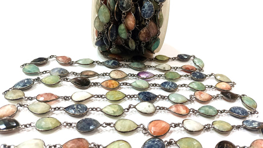 Natural Multi Gemstone Pear Shape  Briolette 10 to 15mm Bezel Connector Chain Sold Per Foot Great Quality Black Plated Chain